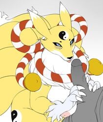 2019 anthro balls big_breasts blue_eyes breasts canid claws digimon digimon_(species) duo erection female fur grey_background human human_on_anthro humanoid_penis interspecies iriedono kyubimon male mammal nipples nude penis simple_background solo_focus straight tongue tongue_out vein veiny_penis yellow_fur