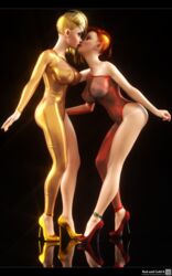2girls 3d artist_name bare_shoulders big_breasts blonde_hair blue_eyes breasts brown_hair busty covering covering_pussy curvy dress duo elf erect_nipple erect_nipples eyelashes eyeshadow female female_only hair_over_one_eye high_heels hourglass_figure humanoid lipstick looking_down looking_up makeup multicolored_hair multiple_females multiple_girls naked naked_footwear naked_heels nipple_bulge nipples nude original_character pointy_ears pose posing pussy red_dress red_lipstick reflection see-through short_hair siliconaya simple_background spread_legs spreading standing tan tan_skin tanline tanlines voluptuous white_hair wide_hips yellow_dress yellow_hair yellow_lipstick yuri
