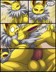 10s 1boy 1girls 2019 comic duo eeveelution english_text female feral furry glomp hi_res jolteon kuroodod male nintendo nude original_character oversexed_eeveelutions page_172 penis pokémon_(species) pokemon sam_(kuroodod) sloth_(kuroodod) speech_bubble testicles text thick_thighs video_games wide_hips