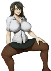 1girls big_breasts black_hair blue_eyes clothed female female_focus female_only jessica_(parasite_infection) large_breasts lowres modeseven office office_lady parasite_infection shirt skirt smile spread_legs stockings transparent_background