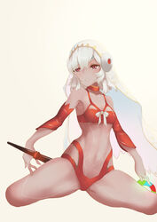 altera_(fate) altera_the_santa bikini earmuffs eyebrows_visible_through_hair fate/grand_order fate_(series) female female navel red_eyes short_hair simple_background small_breasts spread_legs stomach tattoo true_samba veil white_hair