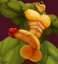 1boy anthro balls battletoads big_penis erection eyewear huge_muscles humanoid_penis lowres male male_focus male_only muscular muscular_male nude penis rash_(battletoads) reptile retracted_foreskin scalie smile solo standing sunglasses uncut uniparasite vein veiny_muscles veiny_penis