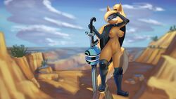 16:9 anthro armwear blonde_hair blue_sky boots breasts brown_body canid canine canis canyon cape casual_exposure clitoris cloak clothing cloud depth_of_field drxsmokey elbow_gloves elbow_pads eyelashes fangs female footwear functionally_nude gloves hair hair_tie hi_res holding_object holding_weapon idw_comics idw_publishing knee_pads mammal mobian mobian_(species) mobian_wolf mostly_nude navel nipples outside plant ponytail pussy sega shading_eyes shrub sky smile solo sonic_(series) sonic_the_hedgehog_(comics) sonic_the_hedgehog_(idw) sonic_the_hedgehog_(series) squint staff step_pose variable_wispon wallpaper weapon whisper_the_wolf wolf