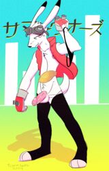 1boy 2019 anthro balls belt blush clothing eyewear flaccid fur gloves goggles hare humanoid_penis jacket japanese king_kazma lagomorph legwear looking_at_viewer male male_focus male_only mammal nipples nude paws penis rabbit red_eyes shy simple_background smile socks solo standing stockings summer_wars tigertooth underwear