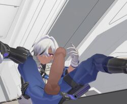 arlan_(honkai:_star_rail) boots dark_skin erection gloves male_focus non-web_source one_eye_covered original scar scar_on_face smile solo solo_focus solo_male white_hair