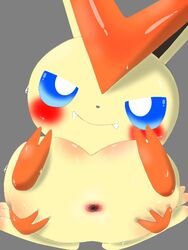 2018 ambiguous_gender anus ass blue_eyes blush butt_wings cute_fangs fangs feet feral hi_res legendary_pokémon looking_at_viewer lying mammal nintendo on_back pokémon_(species) pokemon presenting ritoning8810 simple_background solo spread_legs spreading sweat victini video_games wings