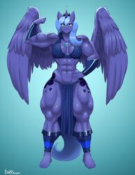 abs amulet animal_ears animal_tail anthro bare_shoulders barefoot biceps blue_eyes blue_hair blue_skin breasts feathered_wings feathers flexing friendship_is_magic horn loincloth looking_at_viewer muscles muscular muscular_female my_little_pony navel plankboy princess_luna_(mlp) smile tail thick_thighs wings