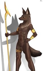 1boy anthro anubian_jackal anubis balls black_fur blush canid canine canis deity egyptian erection fur gamumbi jackal male male_focus male_only mammal muscular nipples nude solo