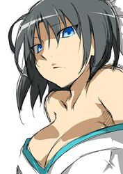 bare_shoulders blue_eyes bow breasts cleavage collarbone female female_only grey_hair hairbow japanese_clothes kimono large_breasts looking_at_viewer marari neck off_shoulder senran_kagura senran_kagura_(series) serious short_hair simple_background solo upper_body white_background white_kimono yumi_(senran_kagura)