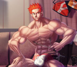 1boy abs biribeast_(artist) erection foreskin looking_at_viewer male_only muscles nipple_rings nipples orange_eyes orange_hair penis sweat uncut underwear