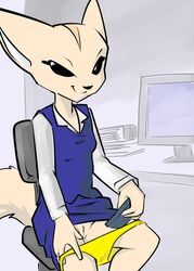 2018 aggressive_retsuko anthro black_eyes canid canine cellphone chair clothed clothing female fennec fenneko flashing fox humanoid_hands mammal naughty_face nontoxo office office_chair office_lady panties panties_down partially_clothed phone portrait presenting presenting_pussy pussy sanrio sexting shirt sitting skirt solo straight_hair three-quarter_portrait toxoglossa underwear unprofessional_behavior