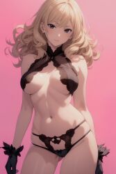 1girls ai_generated black_lingerie blonde_hair curly_hair female grey_eyes half_naked hi_res highres pink_background pixai solo