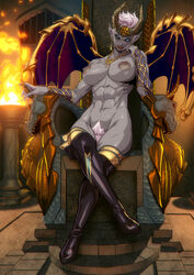 abs bat_wings blue_eyes boots breasts busty demon demon_girl earrings female green_skin horns jentai large_breasts looking_at_viewer monster_girl muscles muscular_female navel necklace nipples nude pointy_ears pubic_hair short_hair solo throne toned white_hair white_pubic_hair wings xong