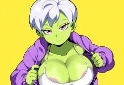 ai_generated alien alien_girl areola_slip areolae cheelai dragon_ball dragon_ball_super green_body green_skin large_breasts mullon novelai open_clothes open_jacket white_hair