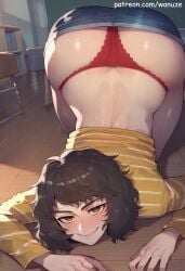 ai_generated all_fours ass big_ass big_breasts big_butt big_thighs blue_skirt blush brown_eyes brown_hair classroom female female_only huge_ass huge_breasts huge_butt huge_thighs jean_skirt looking_at_viewer persona persona_5 red_panties sadayo_kawakami solo striped_shirt teacher wanuze wide_hips