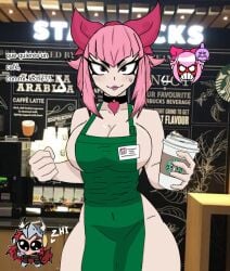 apron brawl_stars coffee draco_(brawl_stars) melodie_(brawl_stars) milk moshimomos naked nude starbucks