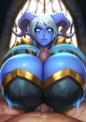 ai_generated angry angry_sex armour blizzard_entertainment blue_eyes blue_skin bouncing_breasts breasts_bigger_than_head bulging_breasts cattlec cleavage clothed_female clothed_female_nude_male clothed_sex draenei draenei_female edited fat_man female gigantic_breasts horns huge_breasts huge_cock human_male indoors large_breasts large_penis light-skinned_male light_skin looking_at_viewer male male/female massive_breasts motion_blur motion_lines paizuri paizuri_under_clothes penis_between_breasts pov pov_paizuri pov_titfuck round_breasts sweat sweating tight_clothing titfuck titfuck_under_clothes titjob titjob_pov white_hair world_of_warcraft yrel