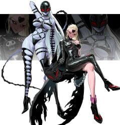 2girls absurd_res blonde_hair clothing_swap cosplay costume_switch crossover crossover_cosplay digimon digimon_(cosplay) digimon_(species) female female_only heel_boots helmet high_heel_boots kaijin_hime_do-s ladydevimon long_hair one-punch_man stockings white_background white_hair wonbin_lee