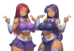 2girls ai_generated alien alien_girl alternate_costume blackfire covered_nipples curvaceous curvy dc dc_comics female huge_breasts komand'r koriand'r long_hair mullon novelai purple_eyes purple_hair red_hair sisters smile solo starfire tamaranean teen_titans thick_thighs voluptuous voluptuous_female