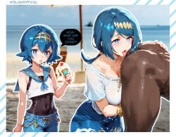 ai_generated ass_focus asslicking beach blue_eyes blue_hair clothing dark-skinned_male daughter english english_text exhibitionism female_focus game_freak huge_breasts huge_thighs ice_cream jeans lana's_mother_(pokemon) lana_(pokemon) licking_ass light_skin light_skinned_female looking_at_viewer milf mother mother_and_daughter nintendo ntrland pokemon pokemon_sm rimjob rimming rimming_male smile speech_bubble tagme text thick_body uncensored watermark