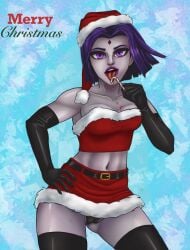 1girls cameltoe candy_cane christmas christmas_outfit dc_comics elbow_gloves female female_only gloves goth goth_girl gothic grey_skin hand_on_hip happy_holidays jannet01 licking makeup panties purple_eyes purple_hair raven_(dc) santa_costume santa_hat self_upload solo teen_titans text thighhighs tounge_out