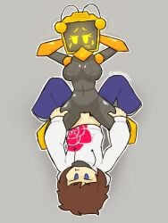 1boys 1girls blue_eyes breasts brown_hair ena_(yellolight) hands_on_legs hoodie nipples original original_character pants penis pinkrain_(yellolight) self_insert sex tv_head tv_screen vaginal_penetration white_hoodie yellolight