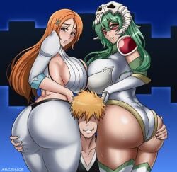 1boy 2girls arcsinge arrancar artist_name ass ass_focus ass_grab big_ass bleach bleach:_sennen_kessen-hen bleach:_the_thousand-year_blood_war blush breasts brown_eyes cleavage cleavage_cutout clothing_cutout commentary detached_sleeves english_commentary facial_mark grabbing_another's_ass green_hair groping hair_ornament hairclip highres huge_ass inoue_orihime kurosaki_ichigo large_breasts long_hair looking_at_viewer mask mask_on_head multiple_girls nelliel_tu_odelschwanck orange_hair scar scar_on_face shihakusho short_hair skull_on_head thick_thighs thighhighs thighs white_thighhighs