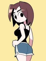 1girls ass bangs bare_arms bare_shoulders black_eyes black_shirt black_tank_top blue_shorts breasts brown_hair closed_mouth clothing dolphin_shorts female from_behind grey_shorts hand_on_hip looking_at_viewer looking_back medium_breasts medium_hair mii mii_gunner nintendo parted_bangs scottfalco_(artist) shirt short_shorts shorts solo standing tank_top thick_eyebrows