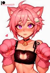 1boy 2d ai_generated bell_collar blush blush cat_ears choker femboy flat_chest floating_heart gloves hair_ornament ilfb pink_hair purple_eyes short_hair shy simple_background trap uncensored