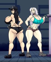 2girls abs ass ber00 big_ass bra breasts cleavage female female_only ferris_(raiosmanis) gym huge_breasts kagura_(raiosmanis) muscles muscular muscular_female shorts