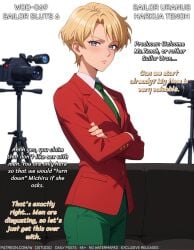 1boy 2024 2d ai_generated anti-materiel_rifle bangs bishoujo_senshi_sailor_moon blonde_hair blue_eyes blush closed_mouth clothing collared_shirt couch crossed_arms english_language english_text female formal green_necktie green_pants gun haruka_tenou holding imminent_sex jacket lesbian_conversion long_sleeves looking_at_viewer male necktie neckwear orientation orientation_play pants red_jacket rifle sailor_uranus school_uniform scope shirt short_hair sniper_rifle solo standing suit text tomboy uniform weapon white_shirt wodstudio