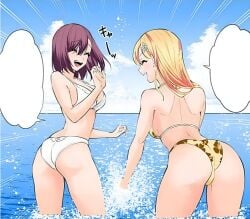 2.5_jigen_no_ririsa amano_ririsa ass back back_view backboob bare_arms bare_back bare_belly bare_legs bare_shoulders bare_thighs big_breasts bikini blonde_hair blush breasts cleavage closed_eyes gyaru hair_ornament hashimoto_yuu kisaki_aria long_hair manga ocean official_art open_mouth outdoors partially_submerged purple_hair short_hair shoulder_blades smile standing thick_ass thighs water white_bikini yellow_bikini