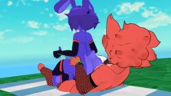 3d bonnie_(fnaf) femboy_on_femboy femboys fexa fexa_(cryptia) fishnet_armwear fishnet_legwear fuckmeat_vr laying_on_towel ocean_background riding_penis thick_ass thick_thighs vrchat vrchat_avatar