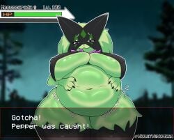 belly big_belly big_breasts breast_curtains breasts duo female gameplay_mechanics generation_9_pokemon hi_res male male/female meowscarada nintendo onomatopoeia pokemon pokemon_(species) sound_effects text thick_thighs violet_venomora vore