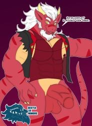 2024 absurd_res anthro bestiademimbre biceps big_penis clothing cosplay demon demon_dragon dragon english_text european_mythology fur genitals helluva_boss hi_res looking_at_viewer male mature_male muscular mythological_creature mythological_scalie mythology penis red_body satan_(helluva_boss) scalie solo tail text tomas_(bestiademimbre) western_dragon white_body white_fur winged_dragon