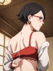 1girls ai_generated black_hair boruto:_two_blue_vortex female_focus female_only glasses naruto naruto_(series) sarada_uchiha short_hair shounen_jump teenage_girl teenager undressing weekly_shonen_jump young