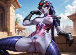 1girls ai_generated breasts closed_eyes dex-j female_only gloves headgear long_ponytail nipples open_mouth overwatch pubic_hair purple_hair_female purple_skinned_female pussy sitting solo_female thighhighs widowmaker