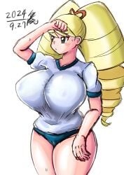 big_breasts drill_hair gym_uniform huge_breasts large_breasts luna_platz mega_man mega_man_star_force shirogane_luna sirakuroyamiri sweat thick_thighs tight_clothing twintails voluptuous