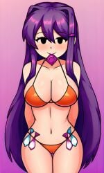 ai_generated arms_behind_back big_breasts bikini black_eyes condom condom_belt condom_in_mouth condom_wrapper cum curvy doki_doki_literature_club doki_doki_takeover female friday_night_funkin friday_night_funkin_mod hairclip long_hair looking_back orange_bikini pixai purple_background purple_hair simple_background solo yuri_(doki_doki_literature_club)