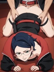 1girls ai_generated black_hair boruto:_two_blue_vortex clothed_sex doggy_style female_focus glasses naruto naruto_(series) sarada_uchiha short_hair shounen_jump teenage_girl teenager vaginal_penetration weekly_shonen_jump young