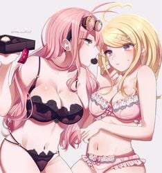 2girls ahoge akamatsu_kaede big_breasts black_bra black_panties blonde_hair blue_eyes blush bra breasts busty chocolate danganronpa eyelashes eyes_visible_through_hair eyeshadow female female_only food frilled_bra frilled_panties glasses glasses_on_head google_glass hair_ornament hairpin highres huge_breasts iruma_miu lace-trimmed_bra lace-trimmed_panties large_ass large_breasts large_breasts_lesbian lesbian long_hair looking_at_partner meowffnf multiple_girls nervous new_danganronpa_v3 panties pantsu pink_bra pink_eyes pink_panties simple_background straight_hair sweatdrop underwear voluptuous voluptuous_female wide_hips yuri