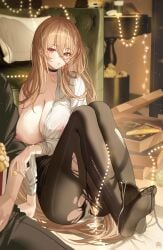 1boy absurdres after_vaginal azur_lane black_choker black_pantyhose blonde_hair blush breasts choker cleavage cum cum_on_hair cum_overflow feet female glasses hair_between_eyes highres implacable_(azur_lane) large_breasts long_hair long_sleeves nipples pantyhose parted_lips red_eyes shirt single_bare_shoulder sitting soles solo_focus tansuan_(ensj3875) thighs torn_clothes torn_pantyhose white_shirt