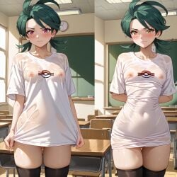 1girls ahoge ai_generated black_legwear blush bra_visible_through_clothes breasts brown_eyes chair chalkboard classroom closed_mouth collarbone covered_nipples cowboy_shot desk green_hair indoors long_hair looking_at_viewer medium_breasts multiple_girls nipples no_bra on_desk pokemon ponytail pussy rika_(pokemon) school school_chair school_desk see-through see-through_silhouette shirt short_twintails small_breasts thighhighs twintails wet wet_clothes wet_dress wet_shirt