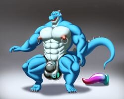 anthro balls chastity_cage chastity_device dragon furry genitals hi_res latex lostdragon_chen male muscular mythological_creature mythological_scalie mythology nipple_piercing nipple_ring nipples nude oral penis piercing redremy7 ring_piercing scalie sex_toy solo