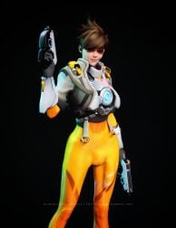 1futa 3d bodysuit bulge bulge_down_leg futa_only futanari gnome02 gun overwatch penis_outline skintight solo tracer