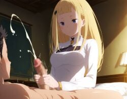 ai_generated big_breasts blonde_hair blush fapping handjob long_hair masturbating_other natsuki_subaru re:zero_kara_hajimeru_isekai_seikatsu sex sylphy_(re:zero)