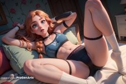 1girls abs ai_generated anna_(frozen) armband armpits bed black_choker blue_eyes braid breasts choker disney disney_princess earrings freckles frozen frozen_(film) frozen_2 hi_res indoors jewelry legs lips long_hair looking_at_viewer lying navel nose on_back on_bed orange_hair panties parted_lips pillow progenarts small_breasts socks solo sports_bra spread_legs thigh_strap toned underwear white_socks wristband