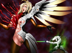 bisected blonde_hair blood death female_death genji gore guro mercy nipples nude overwatch sword vertical_cut