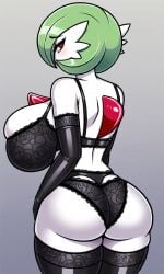 1girl ai_generated armwear ass ass_focus ass_grab black_armwear black_legwear black_lingerie black_thighhighs bored female female_only gardevoir giant_breasts legwear lingerie pixai pokemon pokemon_(species) thighhighs