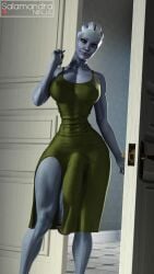 1futa 3d alien asari asari_futanari blue_body bulge dress futanari huge_cock huge_penis large_breasts liara_t'soni mass_effect penis_outline penis_peek salamandraninja solo